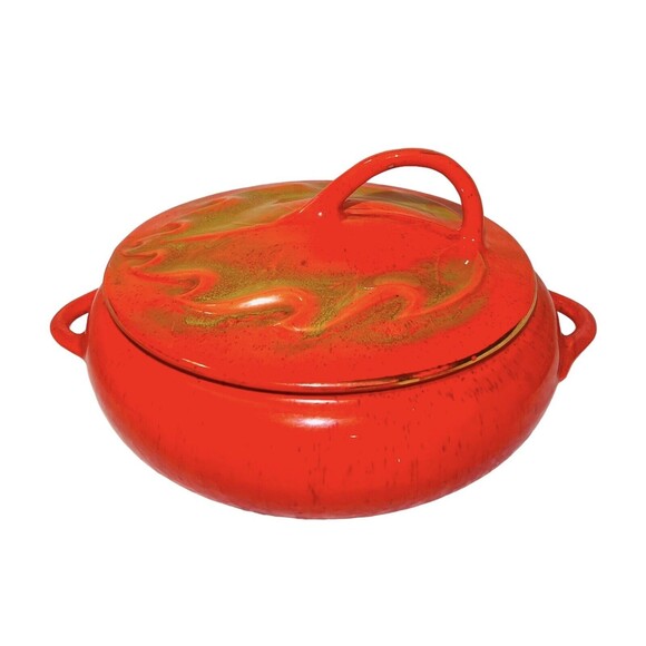 Vtg California Pottery 813 Orange Casserole Chafing Dish Maple Leaf Gold Accents - Picture 1 of 10